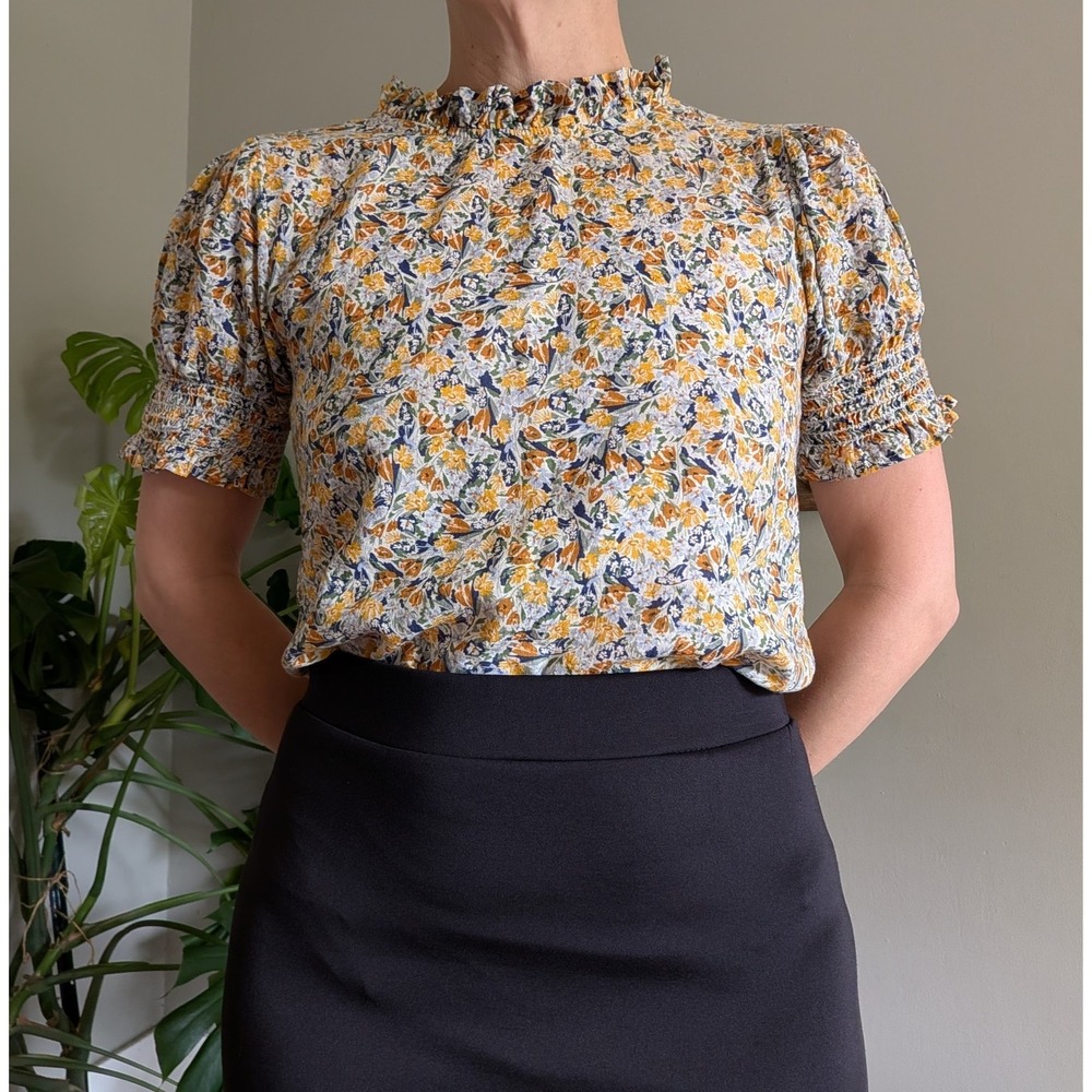 Les Amis Floral Top Ruffle Neck Puff‎ Sleeve Smocked Cottagecore Whimsy Prairie